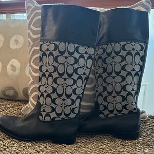 Coach Black and Gray Over the Knee leather/canvas Boots